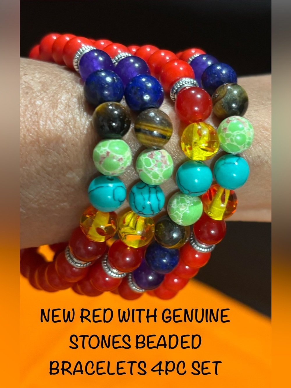 New Red Beaded 4-Piece Stretch Bracelet Set with Multicolor GenuineStone Accents
